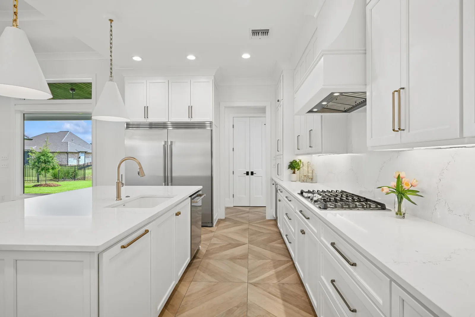 Kitchen, island + brass