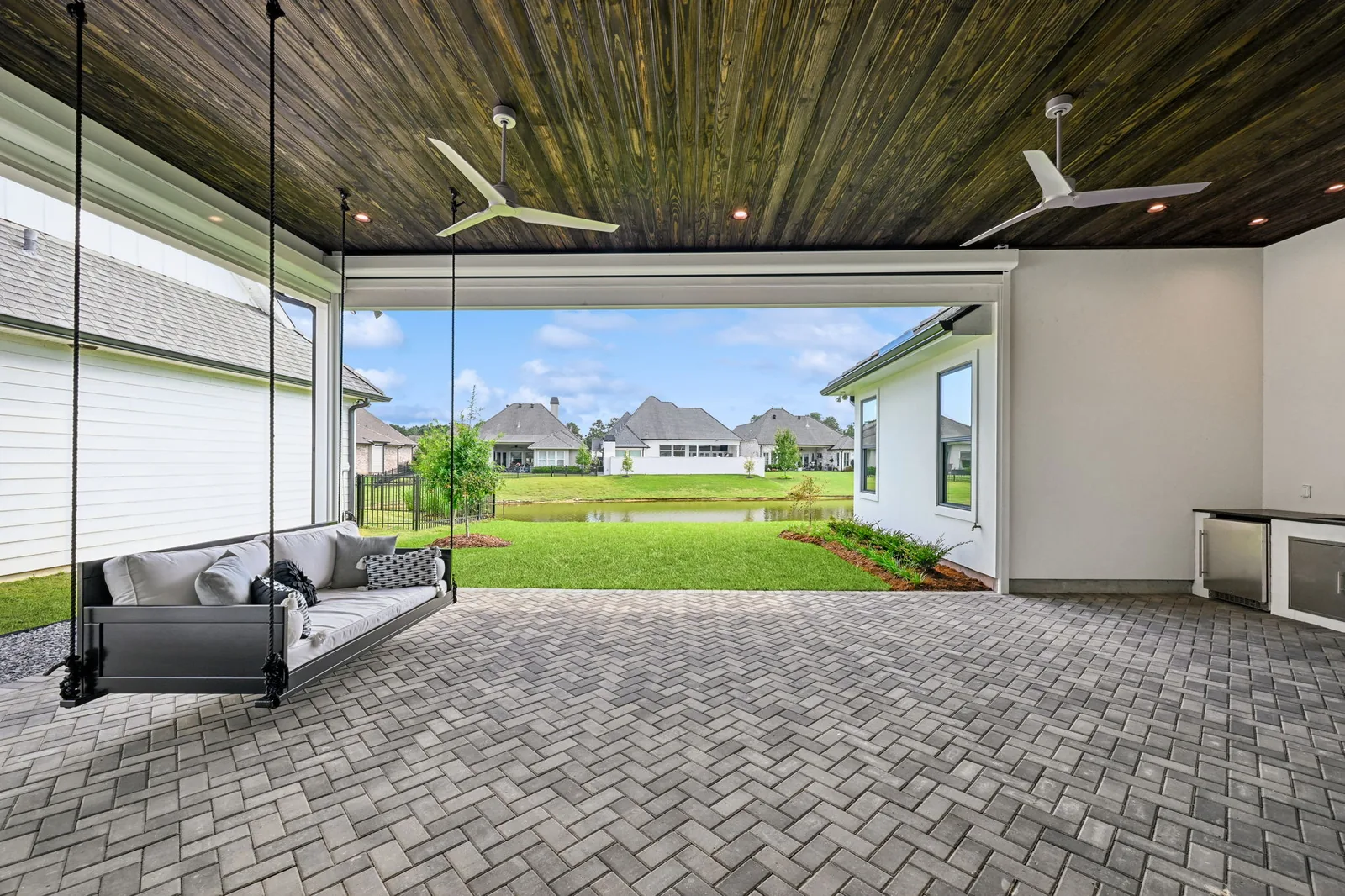 Covered patio, stained ceiling