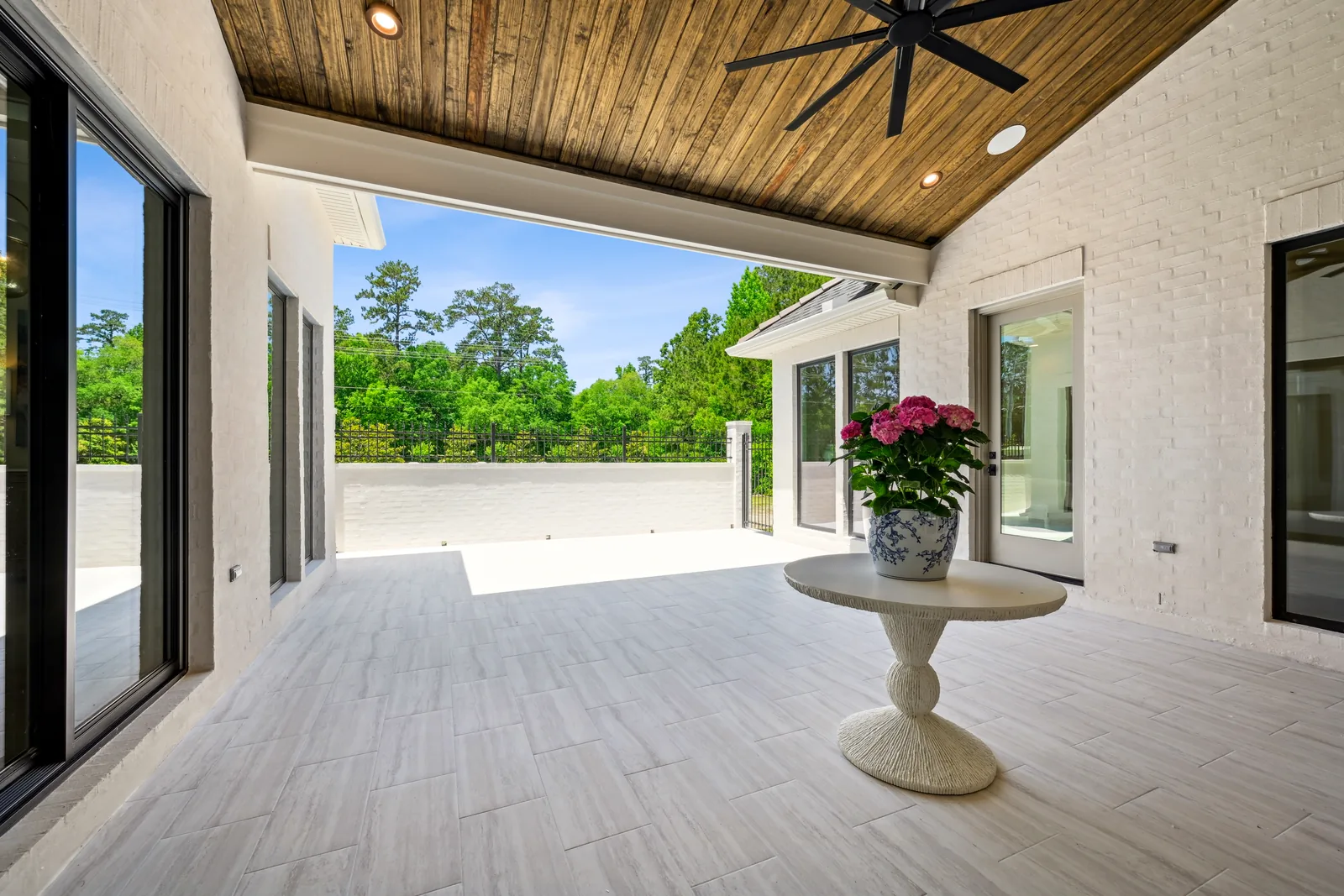 Covered porch, stained ceiling